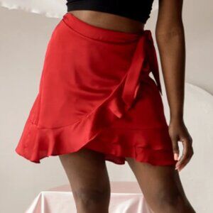 Gathna | Sensuality - Red satin wrap skirt with ruffles |  XS